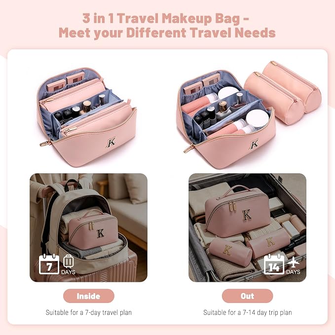 BOYATU Personalized Travel Makeup Bag: 3-in-1 Cosmetic Bag Gift for Women | Initial Make up Bag Organizer - Custom Letters A-Z - Flat Open Portable Toiletry Bag for Birthday Graduation Anniversary - Image 5
