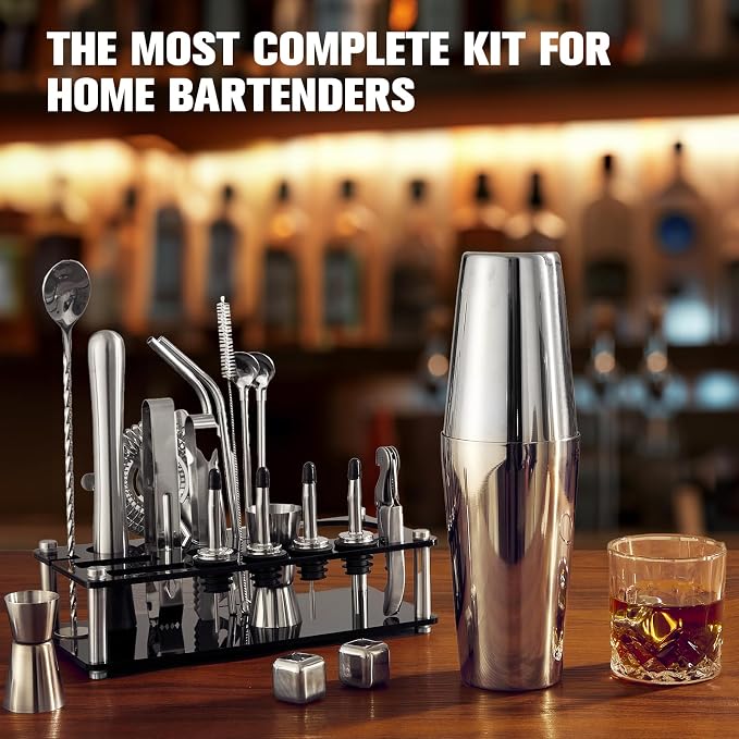 KINGROW Cocktail Shaker Set Bartender Kit, Stainless Steel Boston Bar Tools Drink Mixer Set with Stand & Recipe Booklet for Home Cocktail Making | Silver - Image 2