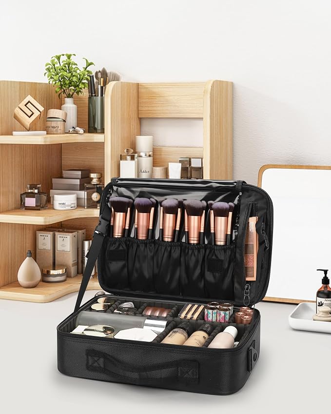 Relavel Makeup Bag Travel Makeup Train Case Large Cosmetic Case Professional Portable Makeup Brush Holder Organizer and Storage with Adjustable Dividers and Shoulder Strap Black - Image 8
