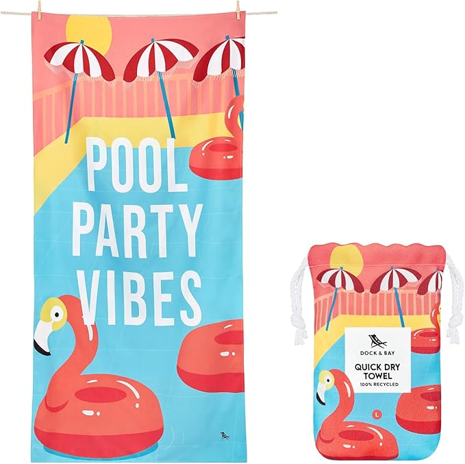 Dock & Bay Beach Towel - Quick Dry, Sand Free - Compact, Lightweight - 100% Recycled - Includes Bag - Pool Party Vibes - Large (160x90cm, 63x35) by DockBay