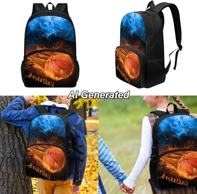 Basketball Bookbag for Boys 8-12 School Backpack 3 Pcs Set Kids School Bag with Lunch Tote Bags and Pencil Box Organizer Casual Daypack - Image 2