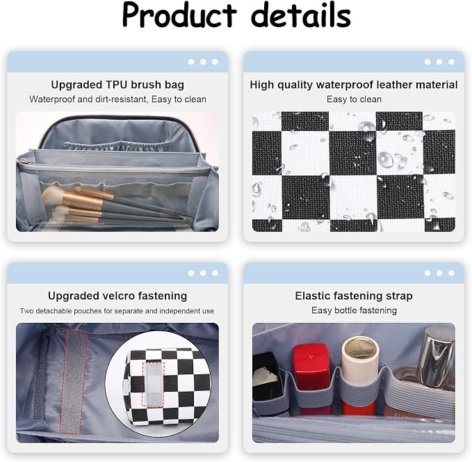 BOYATU Travel Makeup Bag Cosmetic Bags for Women: Large Make up Bags Set of 3 - Portable Makeup Organizer with Compartments&Handle&Divider - Waterproof PU Leather Toiletry Bag(A-5-Checkered Mix Black) - Image 4