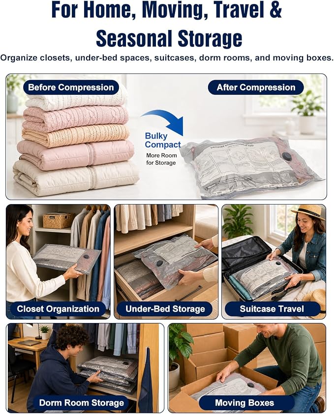 Fantictas Vacuum Storage Bags, 10 Small Space Saver Bags with Hand Pump 80% Space Saver Vacuum Seal Bags Vacuum Seal Compression Bags for Clothes, Travel Luggage, Closet, Dorm, Moving - Image 4
