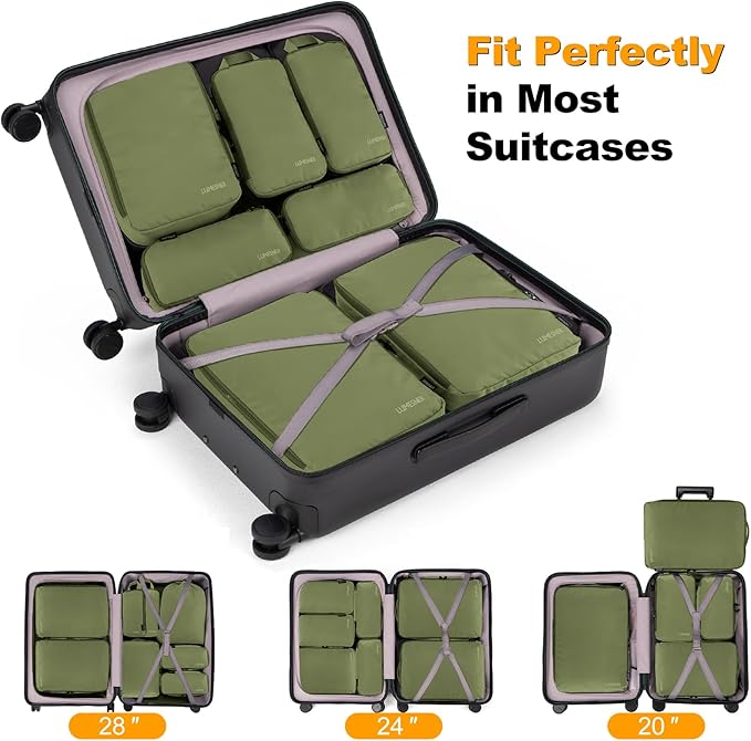 8 Set Compression Packing Cubes for Travel, Waterproof Luggage Organizers, Suitcase Organizer Set for Carry-On & Checked Baggage, Travel Accessories for Men & Women