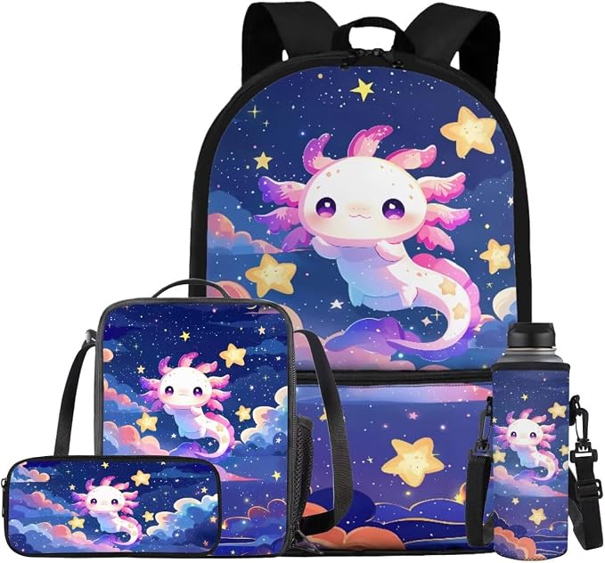 Axolotl Backpack for Girls Kids Backpack with Lunch Box Water Bottle Carrier with Strap and Cute Pencil Case 4PCS Set Bookbag with Front Pocket for School Large School Bag for Elementary Girls by ELEDIZI