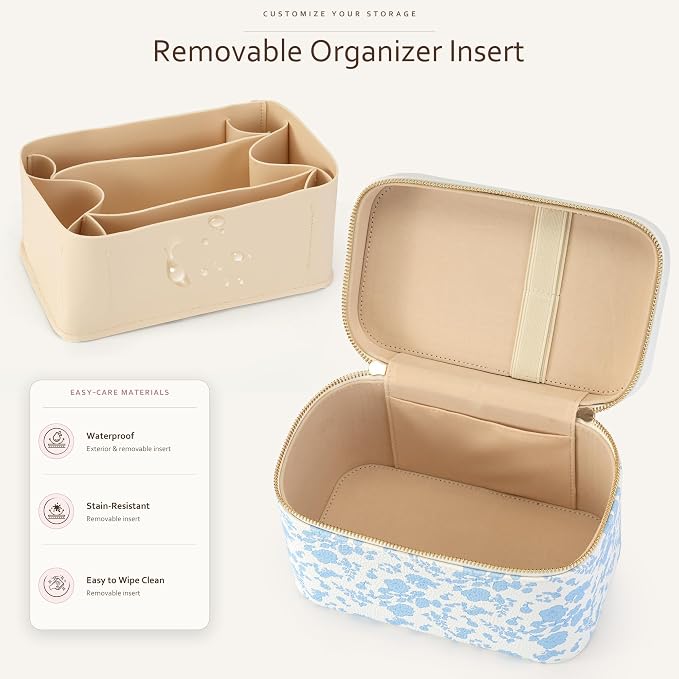 Makeup Bag Travel Toiletry Leather Cosmetic Case, Waterproof Makeup Organizer with Brush Holder, Wipe Clean Removable Divider Vanity Train Bag for Women, Vintage Blue - Image 2
