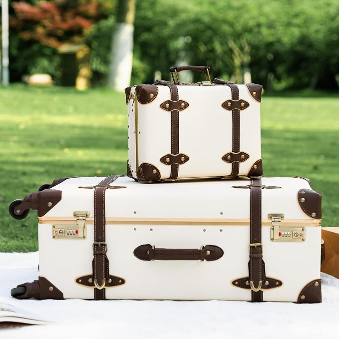 urecity 26" Vintage Luggage Set, 2 Piece Holy White Retro Checked Suitcase with Cosmetic Case, Luxury Vegan Leather Aluminum Frame Spinner Trunk for Women (with Protective Clear Cover) - Image 9