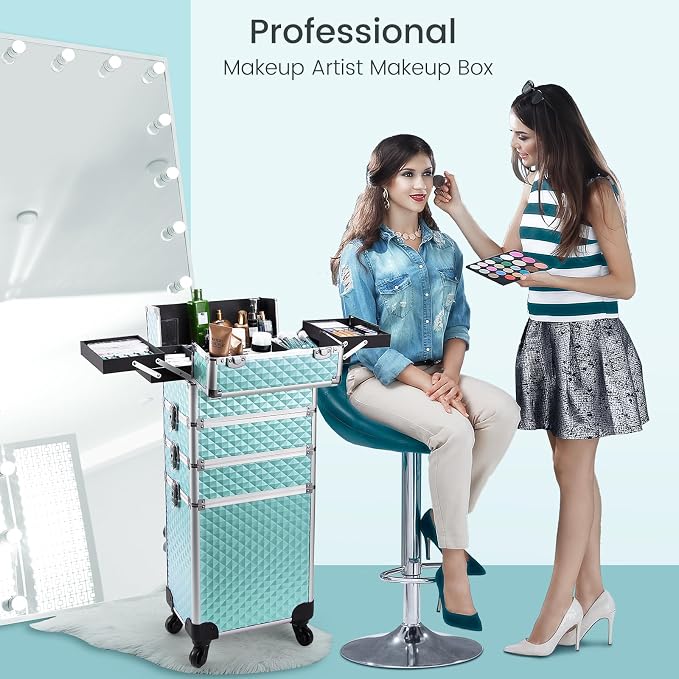 Faquenc Rolling Makeup Case with Wheels 4 in 1 Cosmetic Trolley and Cosmetology Cart Trunk for Makeup Artists Hairstylists Nail Techs Salons Large Capacity Turquoise - Image 4