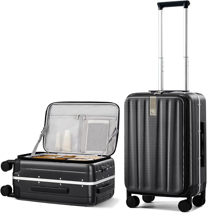 Hanke 20 Inch Carry-On Luggage PC Hard Shell Suitcases for Travel Front Opening Aluminum Frame Travel Luggage Rolling Suitcase with Wheels for Women Man Gifts.(Jet Black) by Hanke