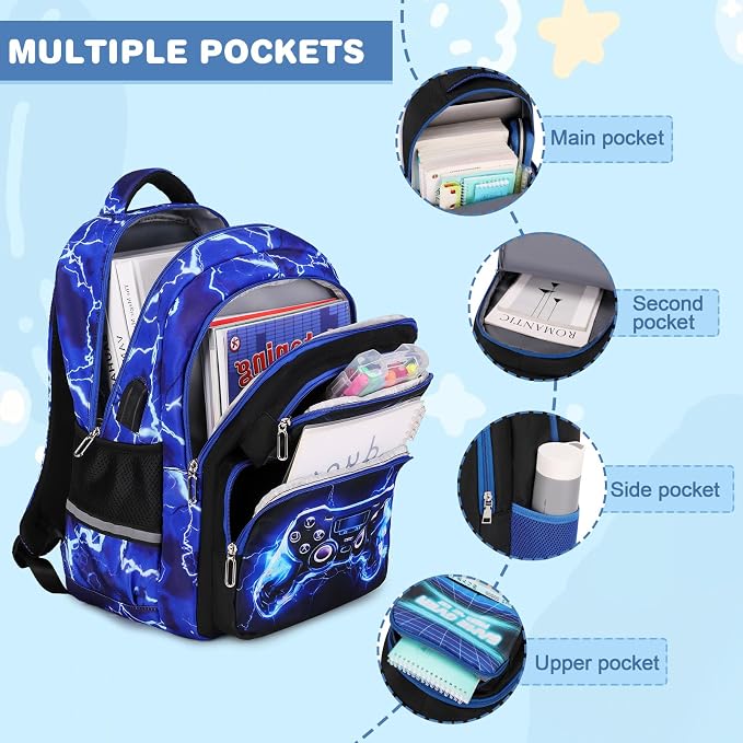 Bevalsa Kids Backpack for Boys with 14oz Insulated Bottle, Gamer Backpack School Bags for Kids & BPA-FREE Stainless Steel Metal Bottle with Straw Lid for Elementary Middle School Student (Lightning) - Image 3