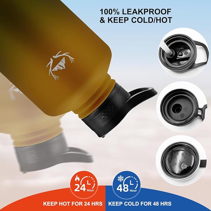 NATURE PIONEOR 64 oz Insulated Water Bottle with Carrier Bag & 3 Lids | 18/8 Food-grade Stainless Steel, Double Vacuum Insulation, 3 Leak-proof Lids, Strap, Camping, Hiking, Gym, Work - Image 3