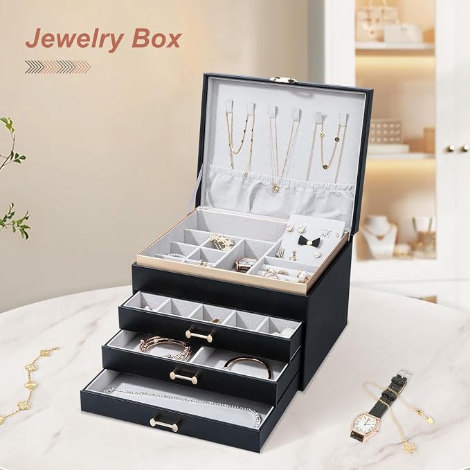 Jewelry Boxes for Women, Large Jewelry Storage Boxes, 4-Layer Leather Jewelry Organizer with 3 Drawers, Jewelry Display Case Gift for Women Girls, Black - Image 7