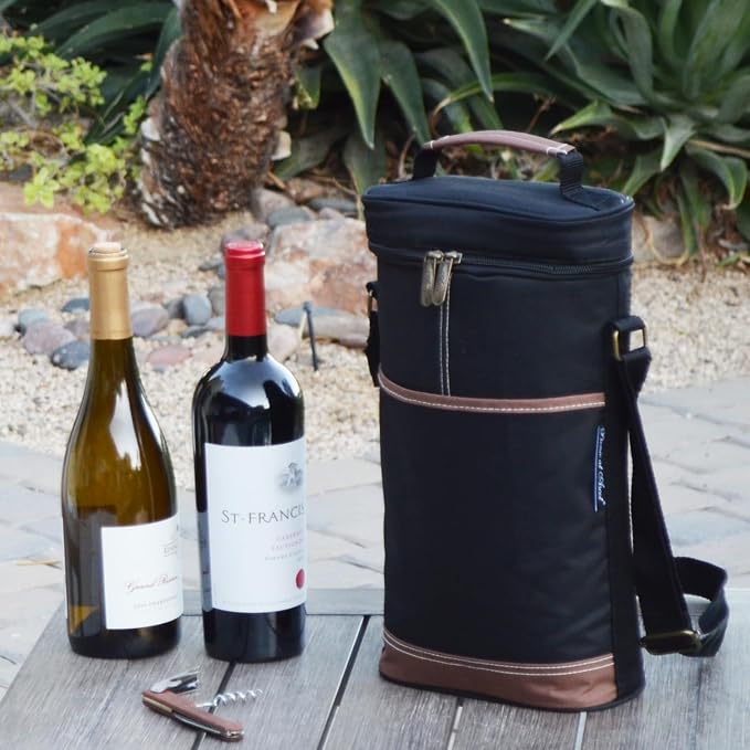 Picnic at Ascot - Insulated 2 Bottle Travel Wine Tote with Corkscrew & Shoulder Strap -Black - Image 2