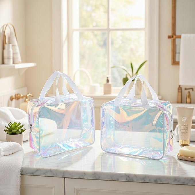 Sweetude 6 Pcs Large Clear Toiletry Bag with Handle Large Capacity Travel Iridescent Beach Makeup Bag PVC Clear Plastic Tote Punch Cosmetic Clothes Storage Organizer for Women Men (White) - Image 4