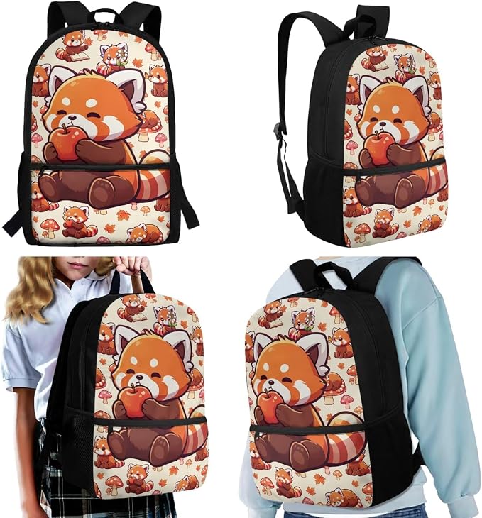 4 In 1 Kids School Combo Set - Red Panda Backpack and Lunch Box Pencil Case Water Bottle Holder for Girls Boys Back to School Supplies, Cute Animal Bookbag, Adjustable Padded Strap - Image 2