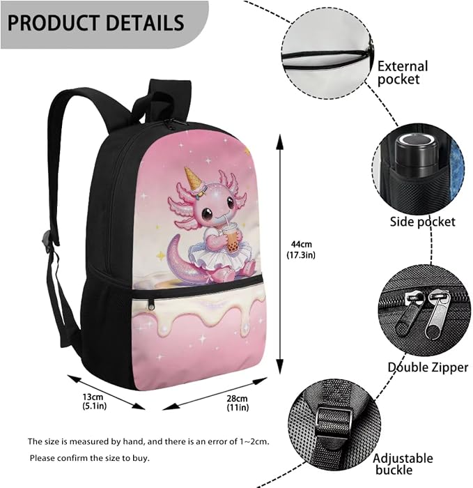 Axolotl Back to School Backpack Set for Girls, 17'' 4-Piece Cute Bookbag with Insulated Lunch Bag, Ice Cream Boba Tea Pencil Case, Lightweight School Bag for Kids Age 6-12 - Image 3