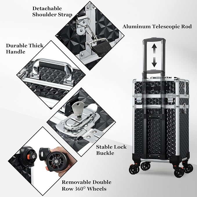 Joligrace Rolling Makeup Case with Drawers - Tattoo Storage Organizer Travel Cart for Nail Tech, Cosmetology, Barber Tools - Portable Suitcase on Wheels - Image 8