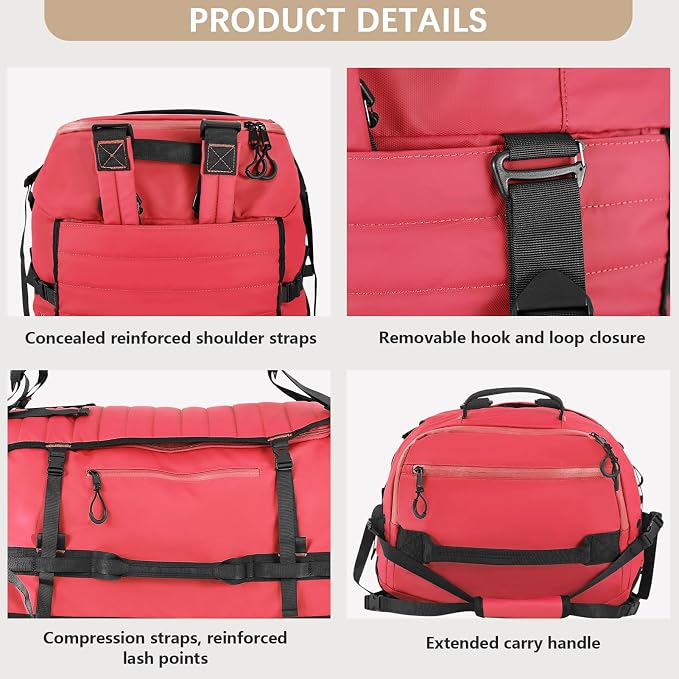 Vomgomfom 86L Foldable Duffle Bag with Wheels - Waterproof Rolling Travel Bag, Collapsible Luggage No Telescopic Handle, for Men Women Camping Sports Weekend Trips，Red - Image 6