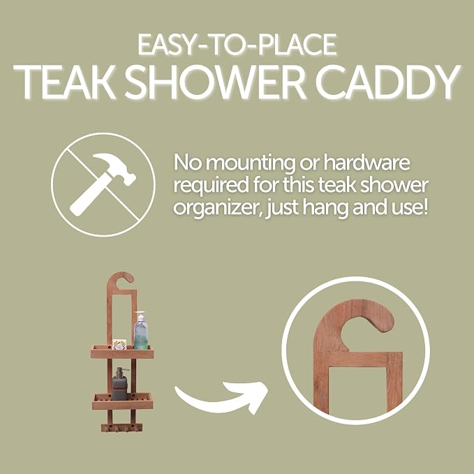 NORDIC STYLE TEAK Wood Natural Hanging Shower Caddy with Storage Shelves, Water Resistant, Easy to Place, Select-Grade Solid Teak Wood, Shower Accessory (Natural Langr) - Image 6