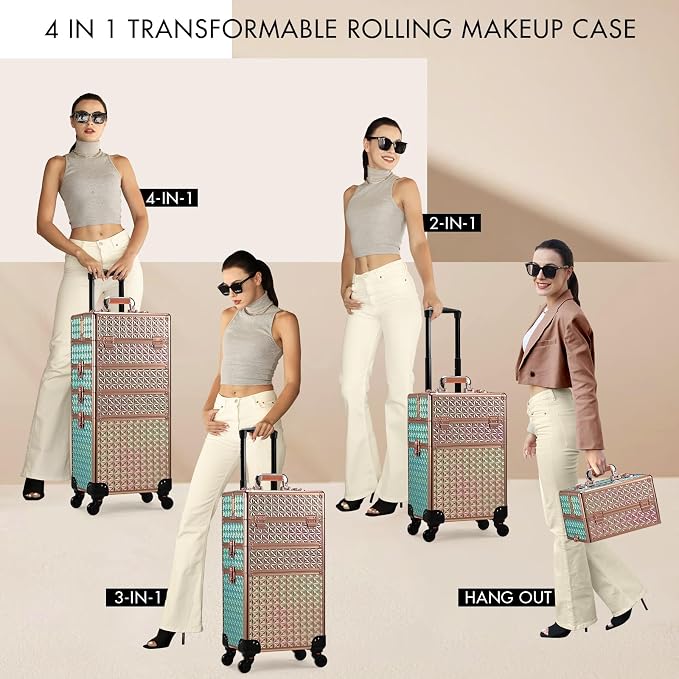 Stagiant Rolling Makeup Case Cosmetology Case on Wheels 4 in 1 Large Cosmetic Organizer Train Case Makeup Travel Case with Key Swivel Wheels Nail Artist Salon Storage Traveling Cart Trunk Rose Gold - Image 3