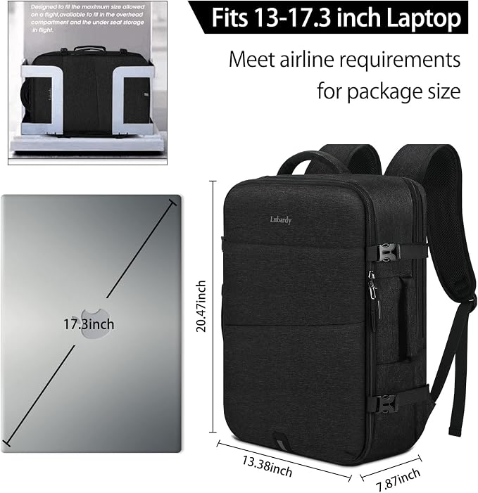 Lubardy Travel Backpack for Men Women 17 Inch Flight Approved Carry on Backpack Waterproof Large 40L Luggage Daypack Business College Weekender Overnight Laptop Backpack with 3 Packing Cubes, Black - Image 3