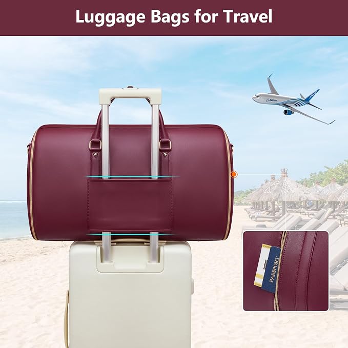 Garment Bags for Travel, Convertible Suit Travel Bag for Women, Cute Carry On Garment Bag w/Shoes Pouch, 2 in 1 Foldable PU Leather Hanging Duffle Bag, Single-Zipper Design, Sangria - Image 7