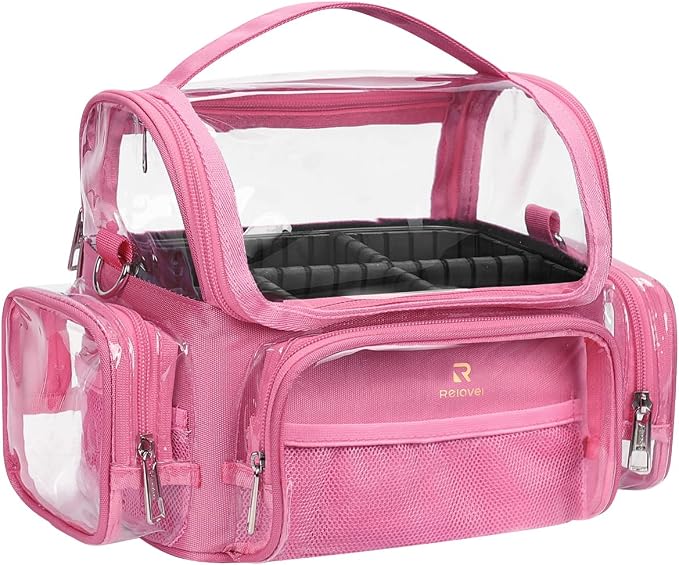 NAONAYA Pink Makeup Brush Bag, Large Makeup Brush Holder Professional Makeup Artist Travel Case Clear Waterproof Cosmetic Organizer Bag, Full Open Easy to Access, with Adjustable Strap and Dividers by NAONAYA