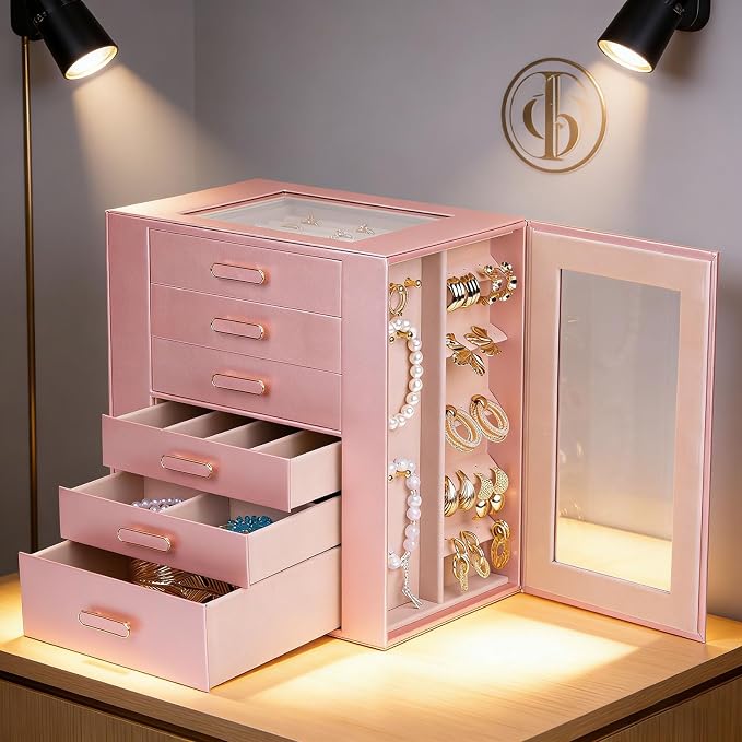 BOOVO Clear Lid Jewelry Box,6 Layers Jewelry Organizer Large Jewelry Storage Box with 6 Drawers,Jewelry Holder Organzier of Rings Earrings Necklace Bracelets for Women (Rose Gold, 6 Layer) - Image 6