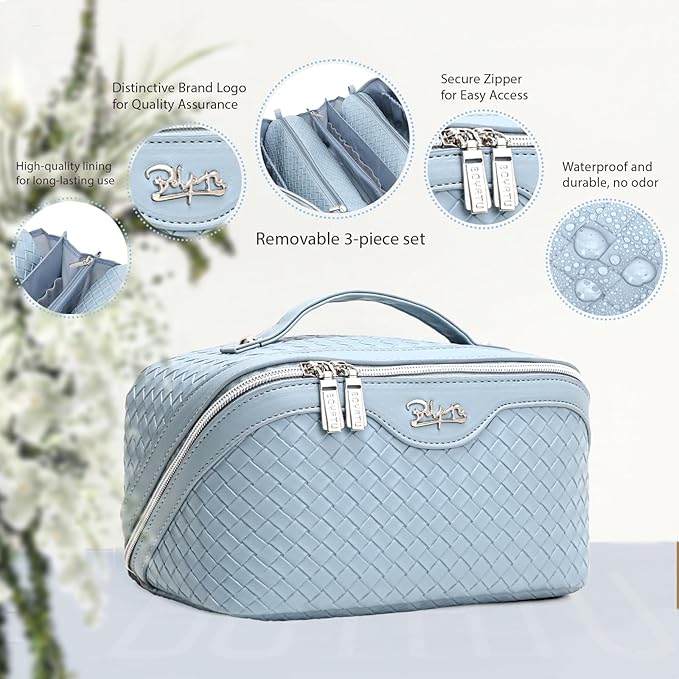 BOYATU Travel Makeup Bag Cosmetic Bags for Women: Large Capacity 3 Pcs Set Make up Bag with Compartments - Waterproof Vegan Leather Toiletry Organizer Bags with Handle (L04 Light Blue) - Image 2