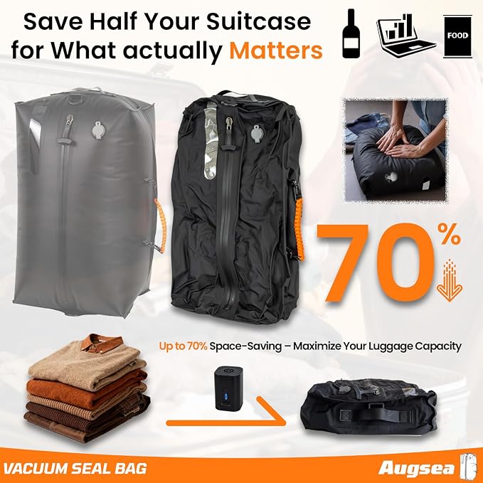 34L Vacuum Seal Bags for Clothing Travel - IP67waterproof & Reusable, Electric Pump Included, Travel Vacuum Bags with Pump,Compression Storage Bags for Luggage/Backpack Packing (1PC) - Image 2
