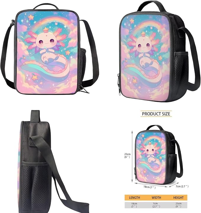 Cute Axolotl Backpack for School Girls 2nd Grade with Lunch Box Rainbow Elementary Bookbag Lunch Bag Set Neon Back Pack Lunchbox Pencil Case Watter Bottle Holder Back Pack for Kids 6-8/5-7 - Image 5