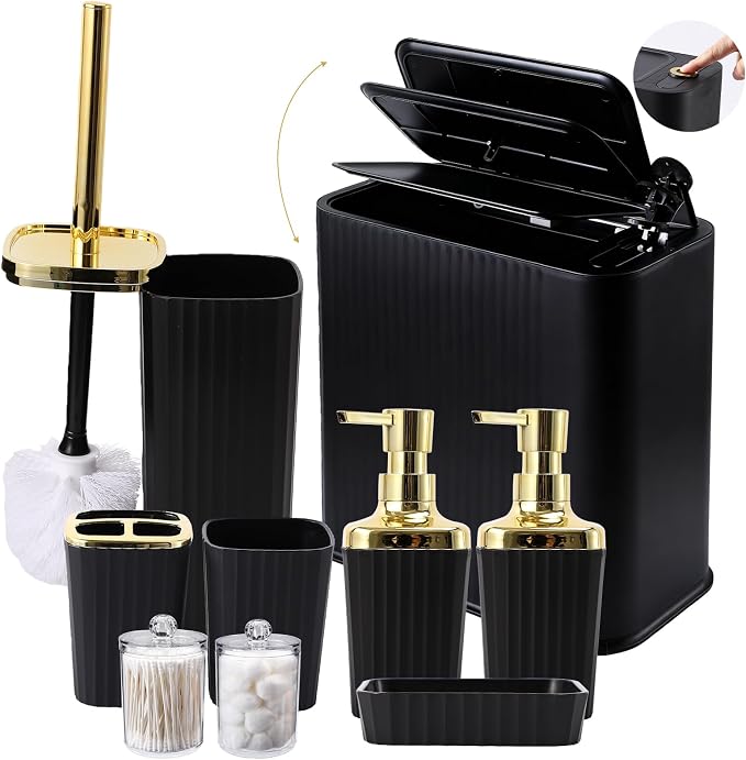 XLHOMO Black and Gold Bathroom Accessories Set - 9 Piece Complete Organization Kit with Slim Pop-up Trash Can, Toilet Brush, Lotion Dispensers, Jars & Soap Dish - Modern Matte Stripe Bathroom Decor by BetterbathroomwithXLHOME