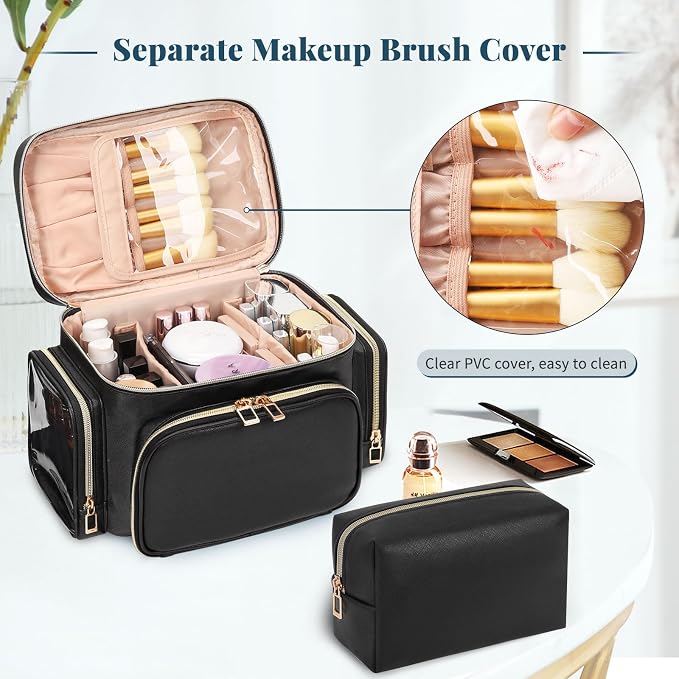 Makeup Bag Set, Portable Travel Makeup Bag Organizer for Women Cute Cosmetic Pouch Large Capacity with Makeup Brush Compartment, Cosmetic Travel Bag with Divider and Handle Toiletry Bag - Black - Image 4