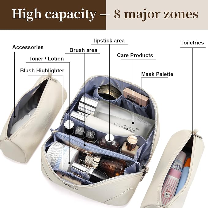 BOYATU Travel Makeup Bag Cosmetic Bags for Women: 3 Pcs Set Large Capacity Make up Bag with Handle - Waterproof Vegan Leather Toiletry Bags Travel Essentials with Compartments(C-3-White) - Image 5