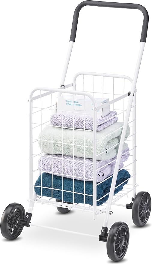 Whitmor Folding Utility Shopping Cart with Wheels, Heavy Duty Metal Grocery Cart, Portable Foam Handle, Rolling Collapsible Trolley for Groceries, Laundry, Storage, White - Image 3