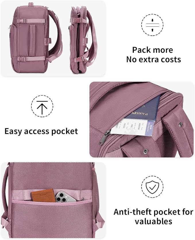 ECOHUB Travel Backpack for Women, 18x14x8 Frontier Airlines Personal Item Bag with Clear Toiletry Bag, Laptop Carry on Backpack with USB Port, Airline Approved Under Seat 14 Pockets 30L, Pink - Image 8