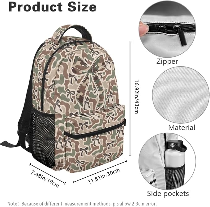 Cute Camo Bow Backpack Set for Girls, 4-Piece Camouflage School Bag and Lunch Box Pencil Case Charm, Trendy Bookbag Gift for Kids Grades K-5 - Image 4