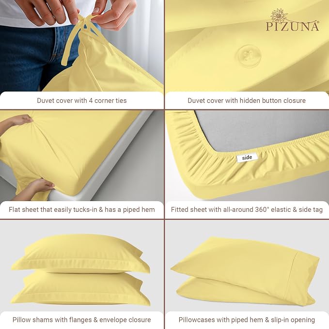 Pizuna Pure 100% Long-Staple Cotton Duvet Cover + Sheet Set King, Luxurious 400 Thread Count Long Staple Cotton, Soft Sateen Weave Bedding Set (Mellow Yellow) - Image 4