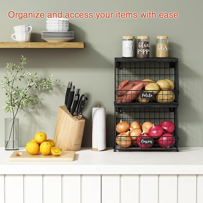 Goozii Black Kitchen Wall Hanging Storage Basket Set of 2, Rustic Stackable Kitchen Counter Fruit Organizer, Wire Baskets Container for Veggie, Garlic, Produce, Onion and Potato (Black Shelf) - Image 2