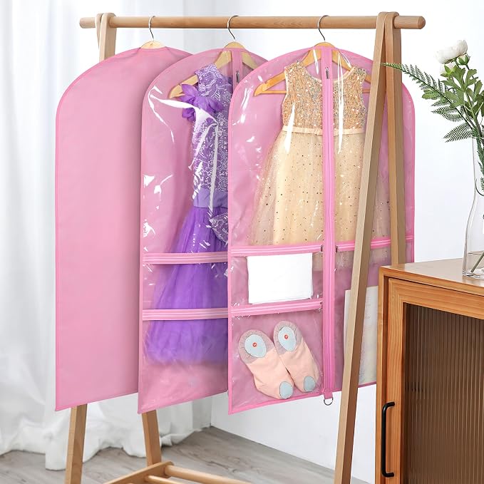 Univivi Dance Costume Bags Garment Bag 40 Inch Hanging Clothes for Dance Competitions, with 3 Medium Clear Zipper Pockets for Dance Costumes, Closet Storage (Pink) - 4 Pack - Image 5