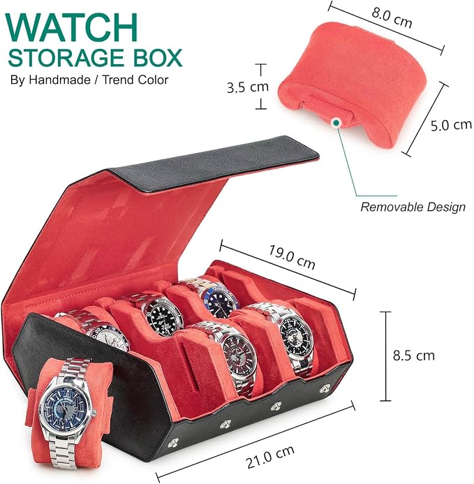 Hiram Genuine Leather Hexagon Watch Roll Travel Case, Leather 6-Watches Roll Case with Removable Pillow Cushion for Treasured Watches and Bracelets -Black Orange - Image 2