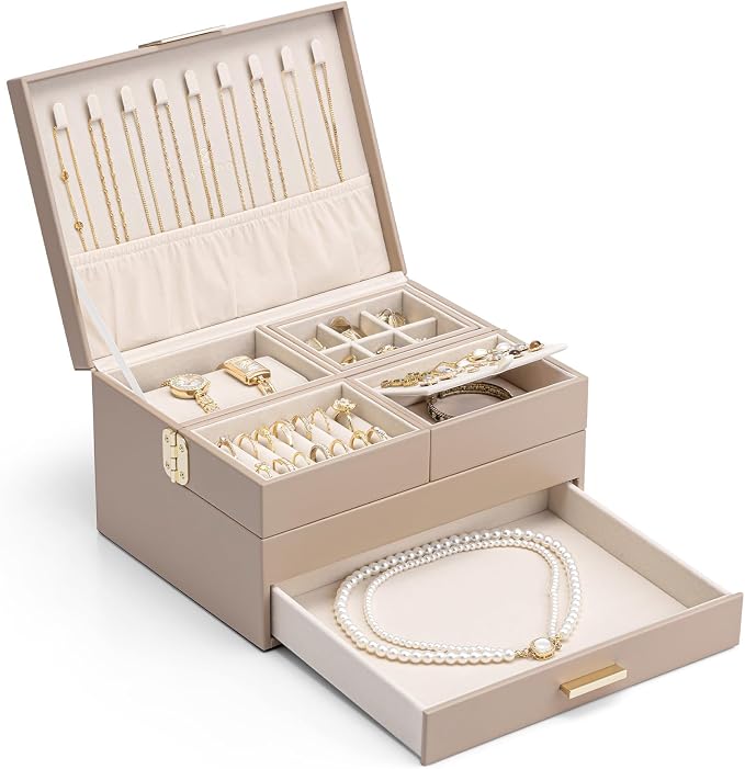 VLANDO 3 Layer Jewelry Box - Women Jewelry Box with Retractable Tray - Jewelry Organizers with Drawer for Necklaces, Rings, Bracelets, Earrings, Gift for Couples Mom Girls - Toffee by VLANDO