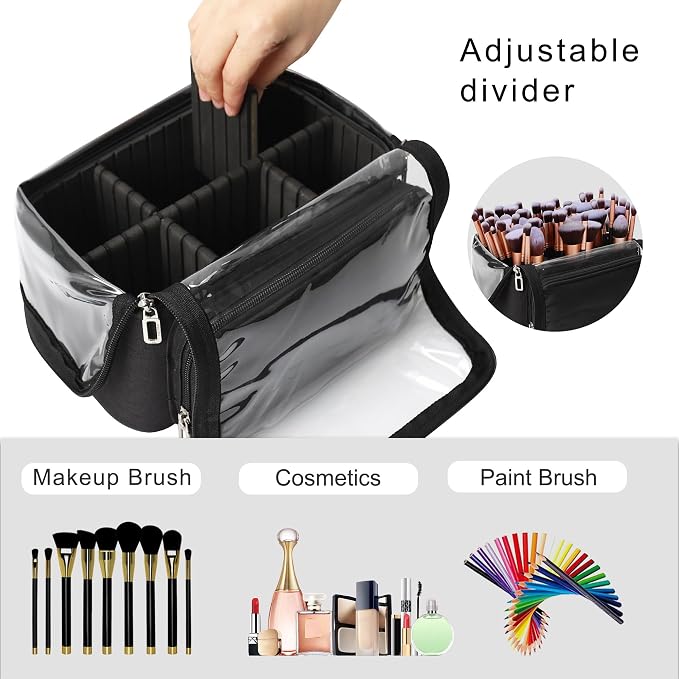 TANTO Makeup Brush Bag, Makeup Brush Holder Travel Extra Large Make up Brush Organizer Case Stand-up Makeup Cup Foldable Pro Cosmetic Artist Storage Bags with Adjustable Divide (01A-Black,X Large) - Image 2
