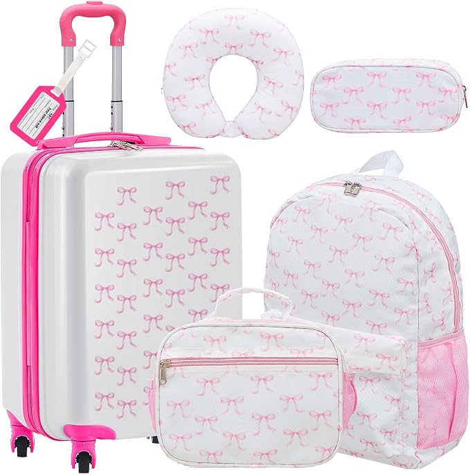 Redbaker 6 Pcs Kids Luggage Set, 17 Inch Rolling Suitcase with Backpack Lunch Bag Neck Pillow, Pink Bow Travel Set for Summer Vacation Sleepover Back to School Gift by Redbaker