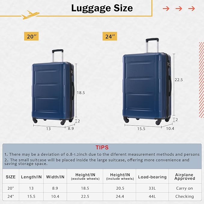 Merax Luggage Set 2 Piece Suitcase Sets with Spinner Wheel,Lightweight Hardside Expandable Travel Laggage with TSA Lock,Suitcase with Travel Bag(20"/24",Blue) - Image 4