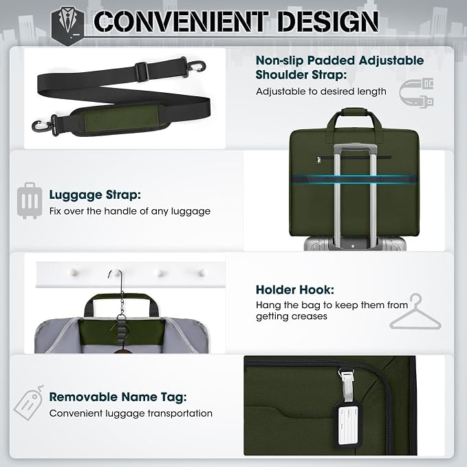 RAINSMORE Garment Bags for Travel Carry On Garment Bag for Hanging Clothes, Suit Bag for Business Trips with Shoes bag & Shoulder Strap, Waterproof Foldable Suit Luggage Bag for Men Women, Green - Image 5