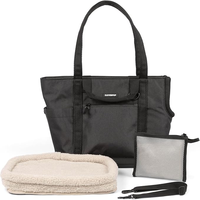 CLEVERPUP Transit Tote Dog Carrier for Small/Medium Dogs 8-20 lbs, 19x12x9 Soft-Sided 4-Pc Set with Waterproof Base, Plush Insert, Food Pouch, Mesh Head Opening - Medium, Graphite by Cleverpup
