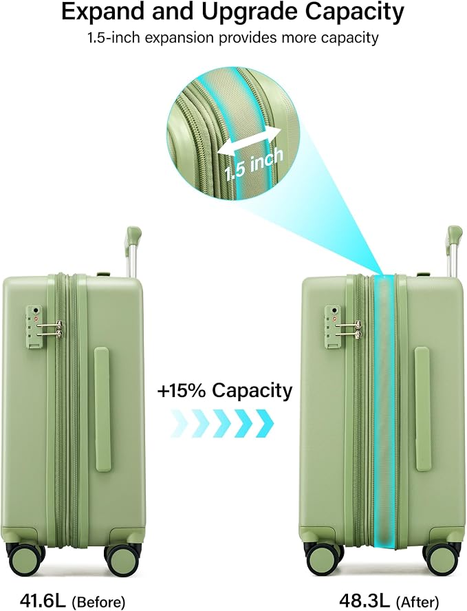 Hanke 20 Inch Expandable Carry On Luggage, 22x14x9 Airline Approved, TSA Lock Hard Shell Lightweight Suitcase for Men Women (Bamboo Green) - Image 3