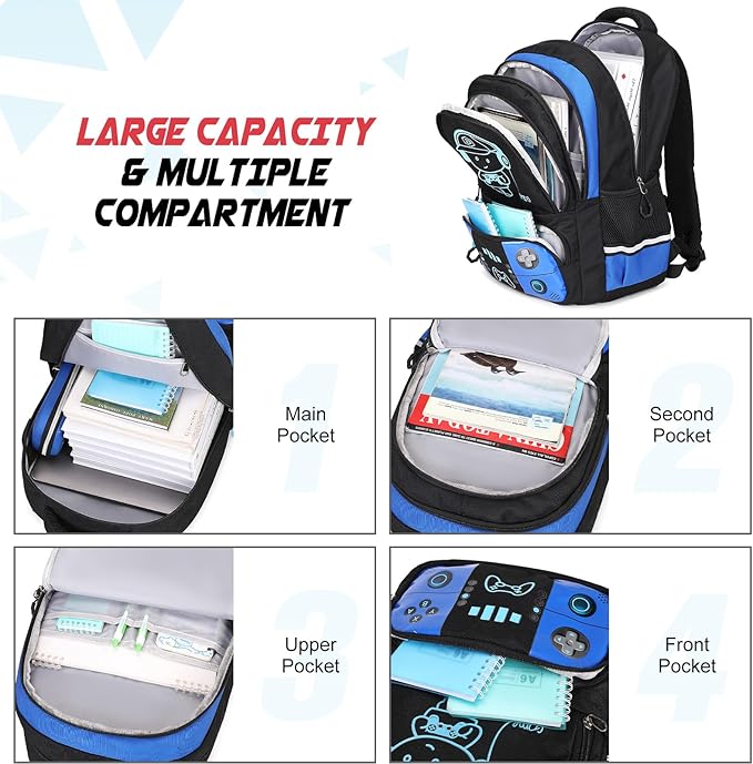 Bevalsa Backpack for School Boys, Cool Luminous Gamer Boys Schoolbag with Lunch Box & Pencil Case Set for Kids Teens Elementary Middle School, Bookbag Glow In The Dark(Blue Backpack) - Image 4
