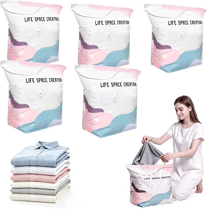 5PCS No Pump Vacuum Storage Bags, No Pump Large Vacuum Storage Compression Bags, Thick Airtight Reusable Organizer for Clothes Comforters Travel Moving Closet Storage(M) by Unknown
